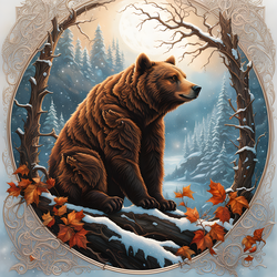 Brown bear in an autumn woodland landscape, surrounded by scrolling leaves