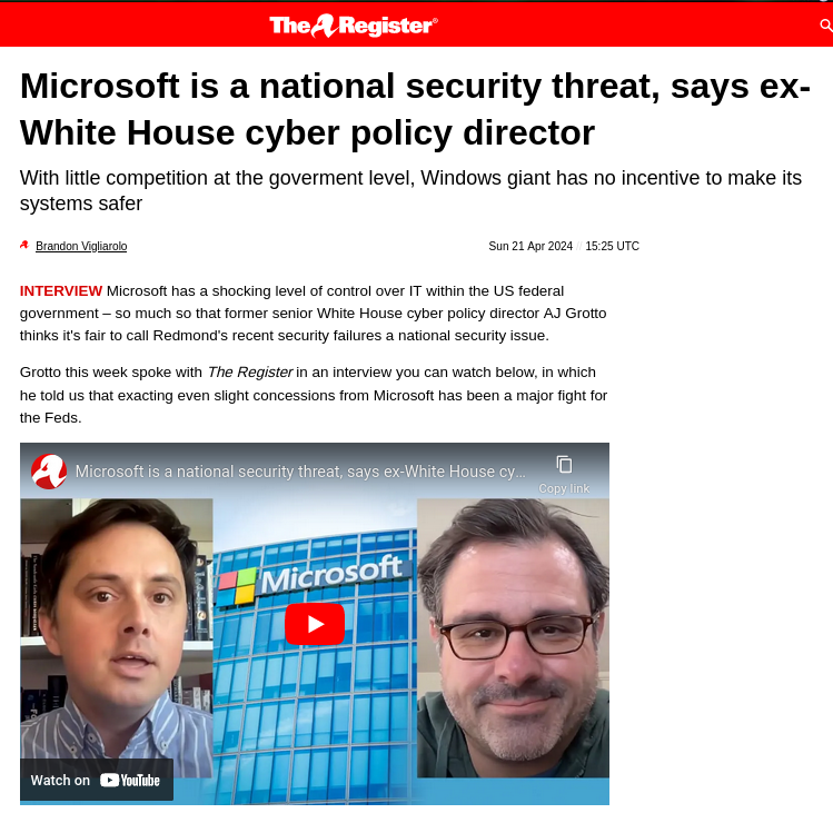 Microsoft is a national security threat, says ex-White House cyber policy director